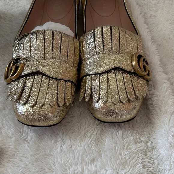 Gucci Gold Metallic Fringe Leather Loafers with GG Horsebit